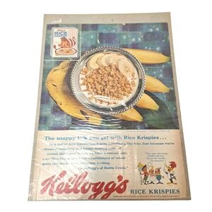 Vintage 1958 Kelloggs Rice Krispies Print Ad Snap Crackle Pop Bananas Cereal Art
